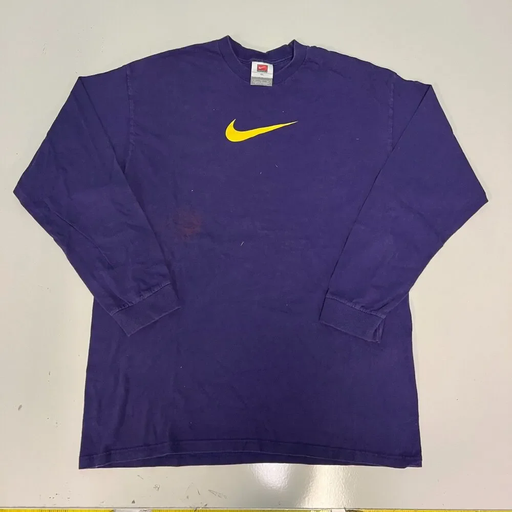 Vintage Nike Center Swoosh Long Sleeve Shirt Purple Yellow XL Y2K Team Tag Mens